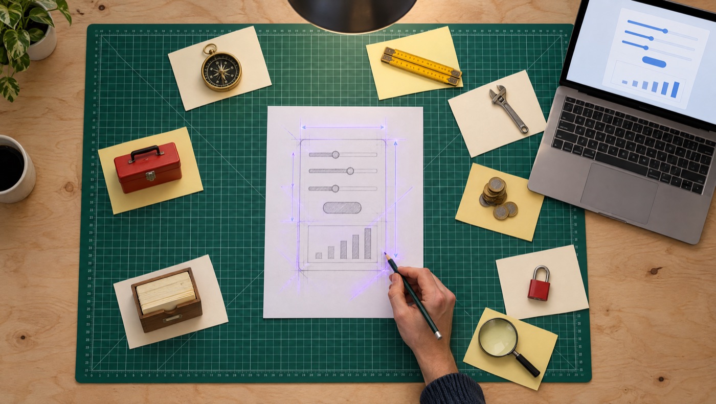 A green cutting mat on a birch workbench, seen from above. In the middle, a pencil sketch of an exercise with three sliders and a bar chart. Around it, eight index cards, each with a small object: a compass, a folding rule, a wrench, coins, a padlock, a magnifier, a card index and a toolbox. A laptop in the corner shows the finished exercise.