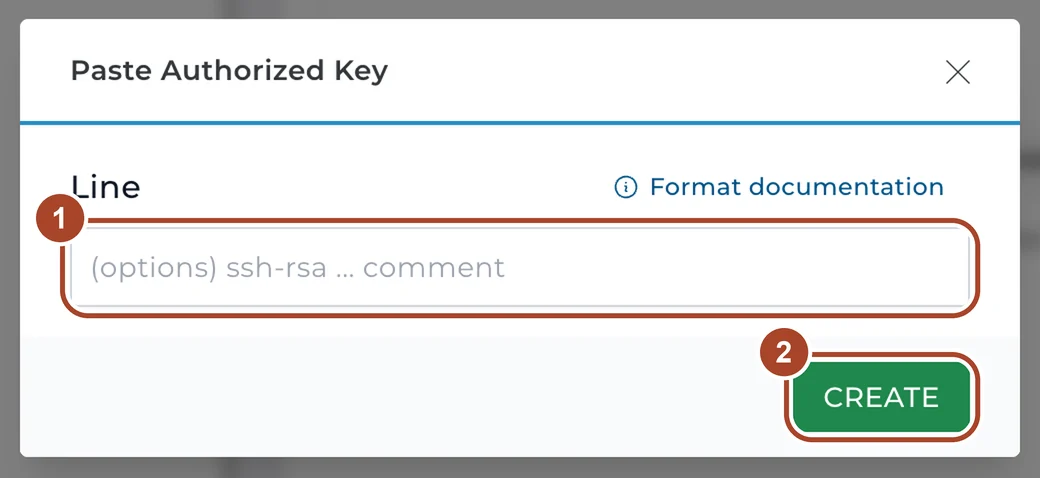 Dialogen Paste Authorized Key. Ring 1 markerer feltet Line, ring 2 knappen CREATE.