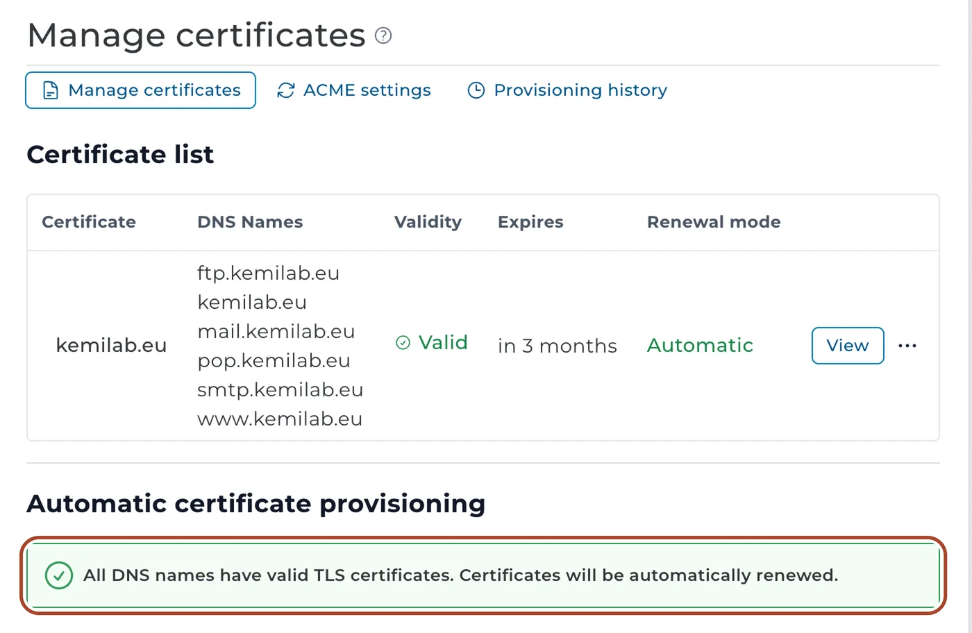 Siden Manage certificates: certifikatet for kemilab.eu er gyldigt og fornyes automatisk. Ringen markerer det grønne felt.