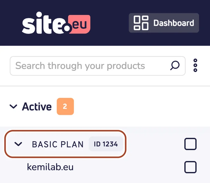 Dashboardet med Basic plan og domænet kemilab.eu i menuen til venstre. Ringen markerer Basic plan.