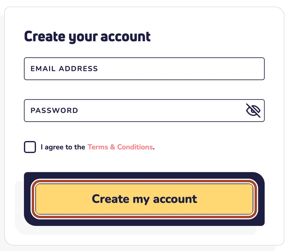 Formularen Create your account med e-mail, adgangskode og flueben ved vilkårene. Ringen markerer knappen Create my account.