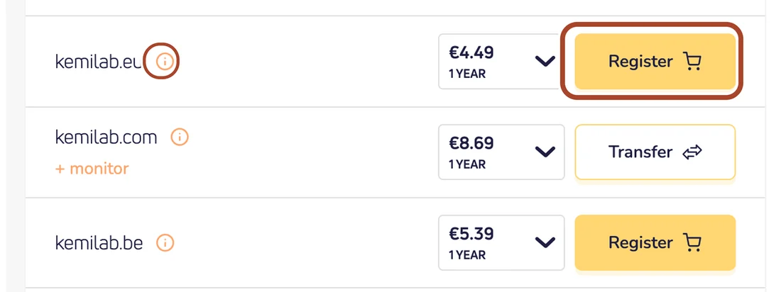 Søgeresultatet for kemilab: kemilab.eu koster 4,49 euro. Ringene markerer det lille i og knappen Register.